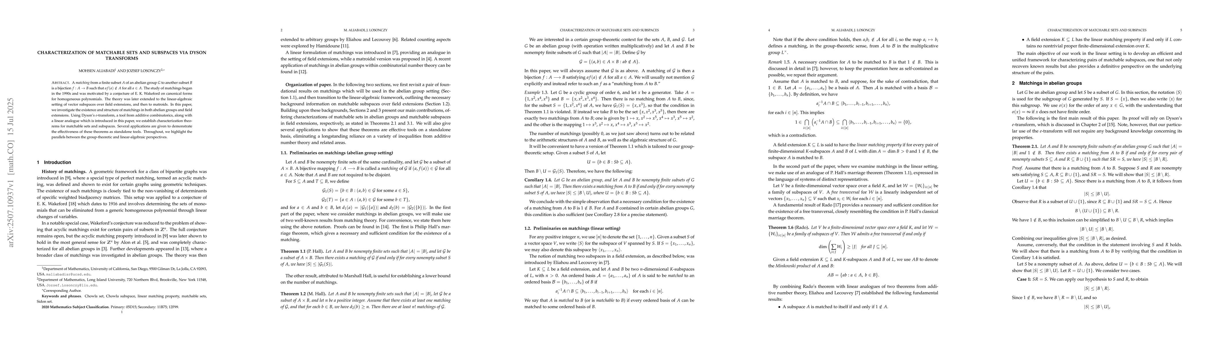 Thumbnail for Characterization of matchable sets and subspaces via Dyson transforms