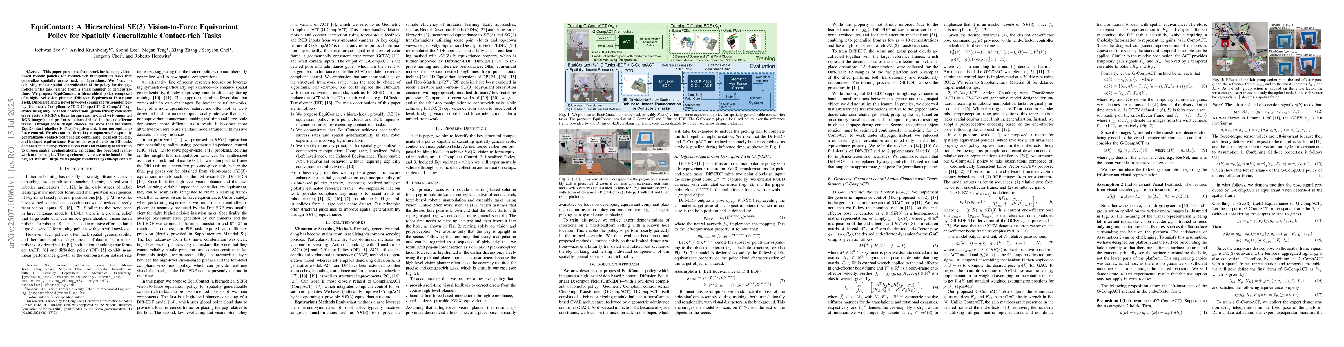 Thumbnail for EquiContact: A Hierarchical SE(3) Vision-to-Force Equivariant Policy for
  Spatially Generalizable Contact-rich Tasks