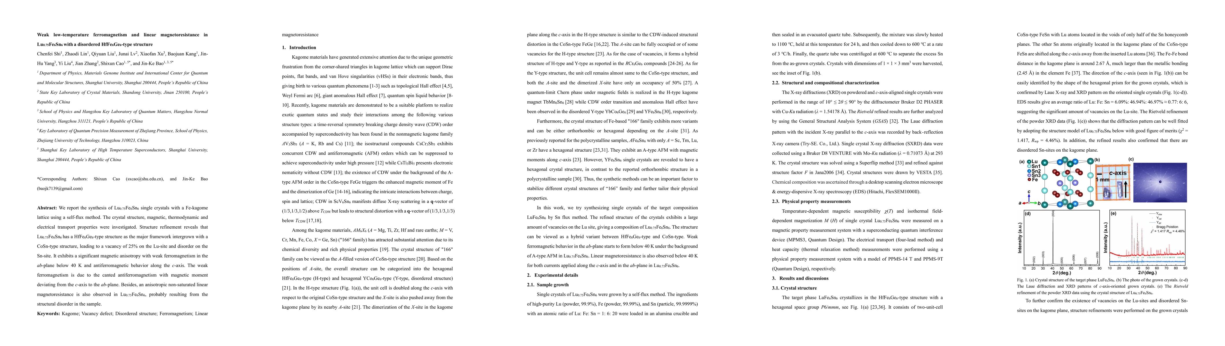 Thumbnail for Weak low-temperature ferromagnetism and linear magnetoresistance in
  Lu$_{0.75}$Fe$_6$Sn$_6$ with a disordered HfFe$_6$Ge$_6$-type structure