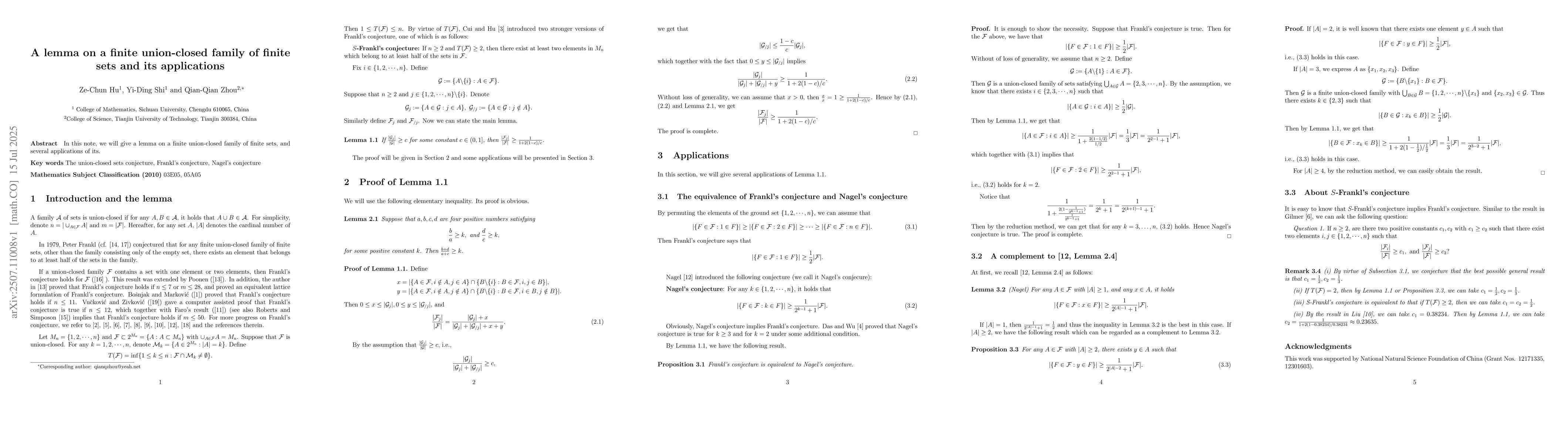 Thumbnail for A lemma on a finite union-closed family of finite sets and its
  applications