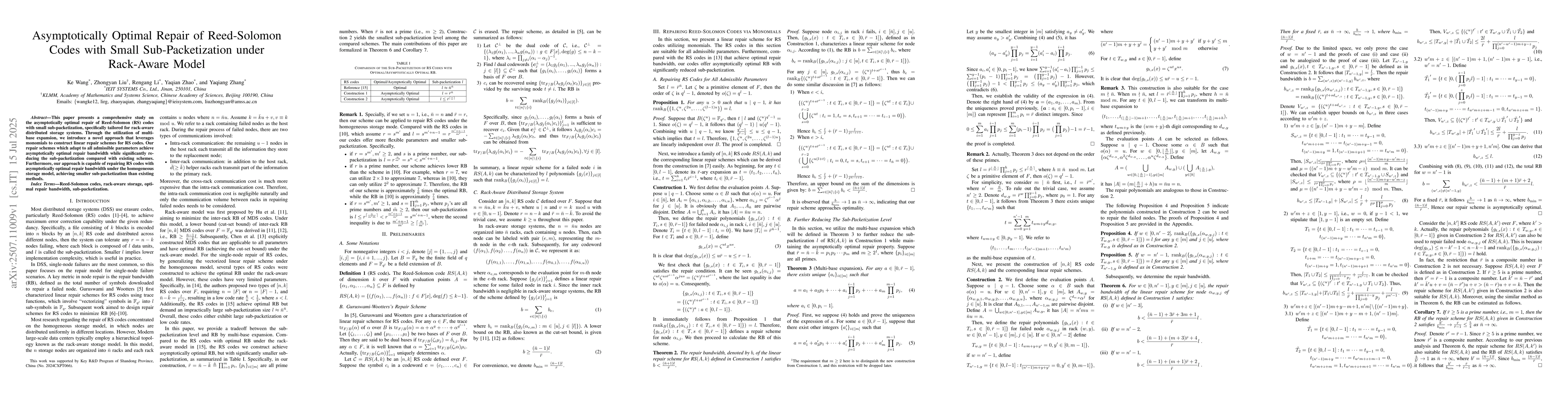Thumbnail for Asymptotically Optimal Repair of Reed-Solomon Codes with Small
  Sub-Packetization under Rack-Aware Model