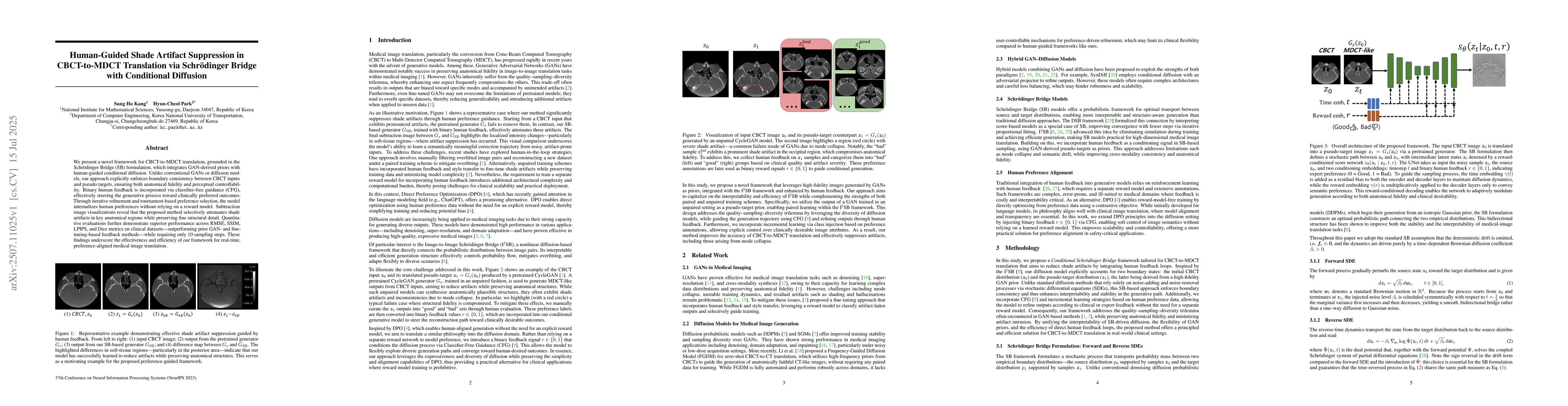 Thumbnail for Human-Guided Shade Artifact Suppression in CBCT-to-MDCT Translation via
  Schrödinger Bridge with Conditional Diffusion