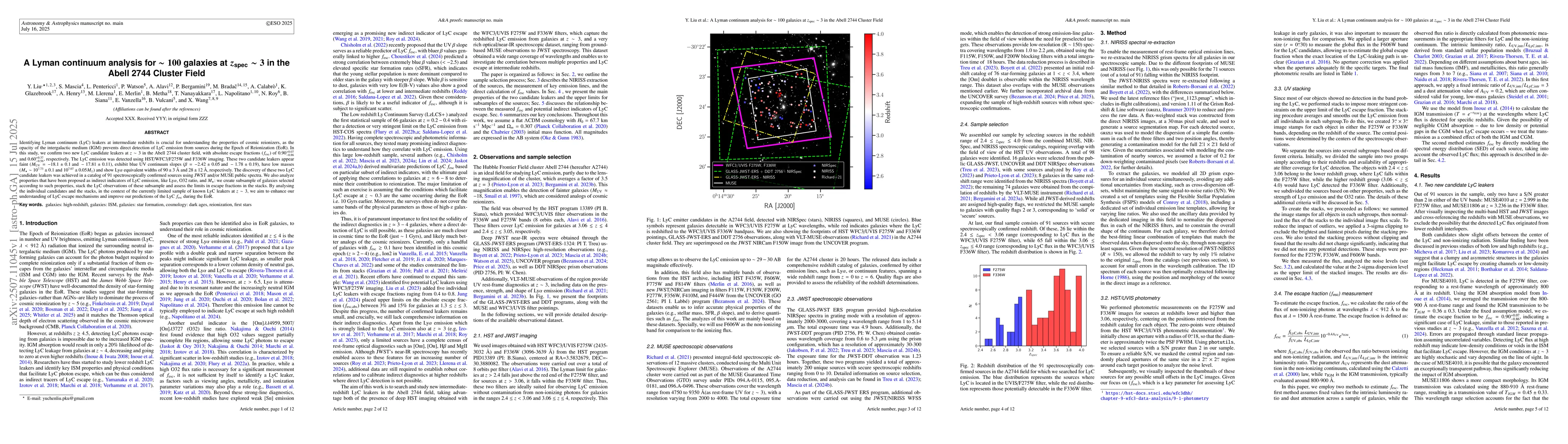 Thumbnail for A Lyman continuum analysis for $\sim 100$ galaxies at $z_{\text{spec}}
  \sim 3$ in the Abell 2744 Cluster Field