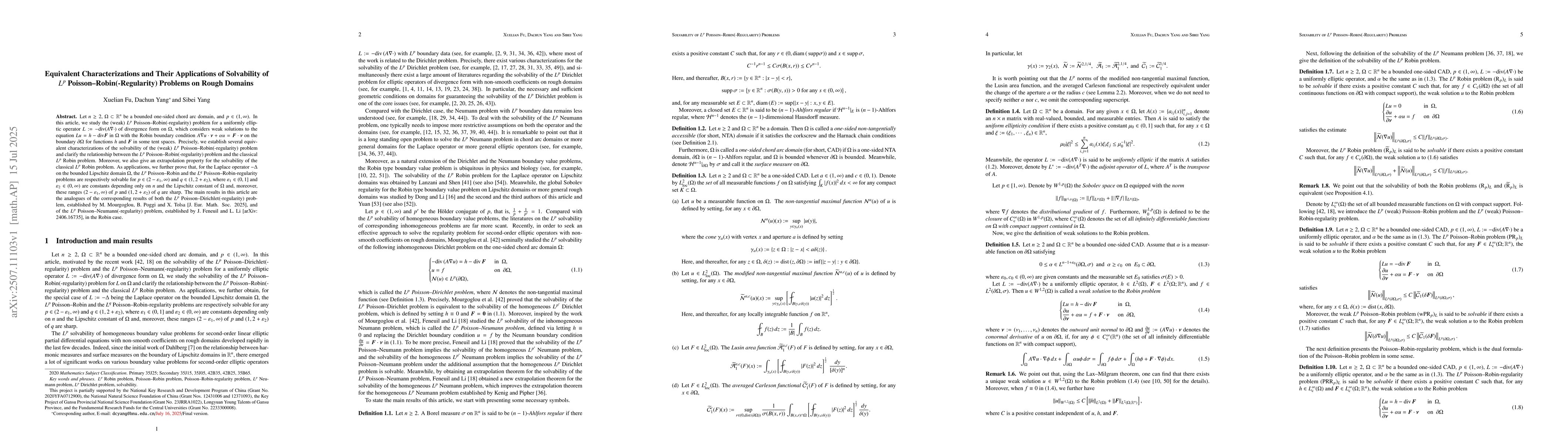 Thumbnail for Equivalent Characterizations and Their Applications of Solvability of
  $L^p$ Poisson--Robin(-Regularity) Problems on Rough Domains