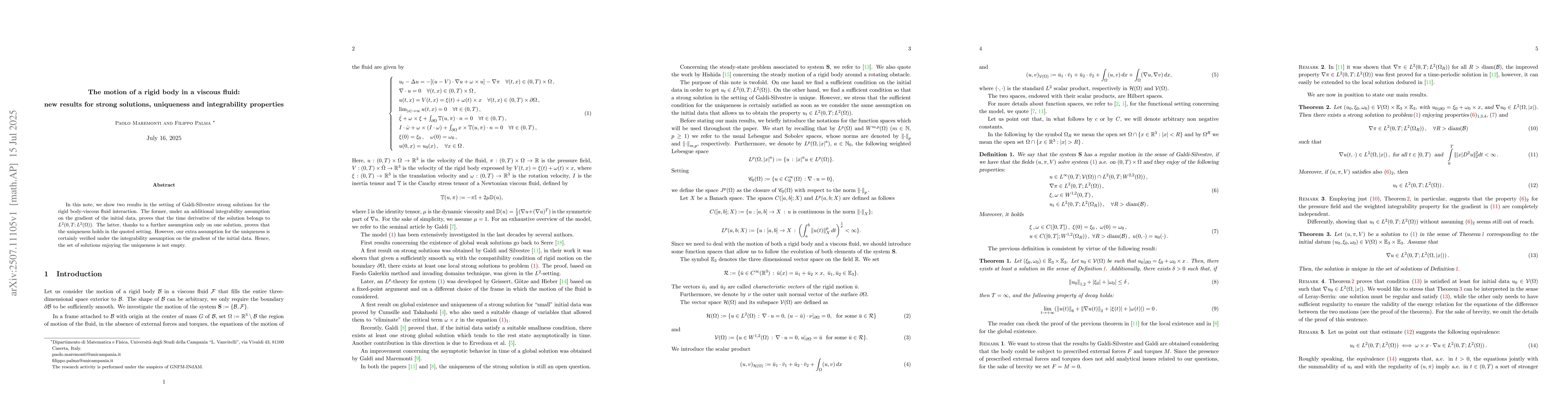 Thumbnail for The motion of a rigid body in a viscous fluid: new results for strong
  solutions, uniqueness and integrability properties