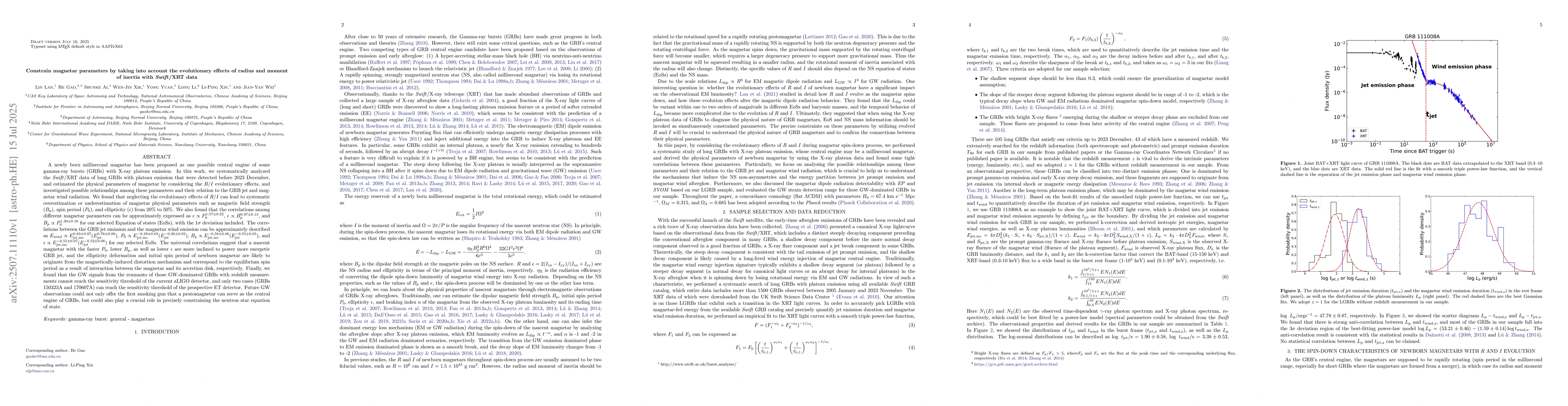 Thumbnail for Constrain magnetar parameters by taking into account the evolutionary
  effects of radius and moment of inertia with \emph{Swift}/XRT data