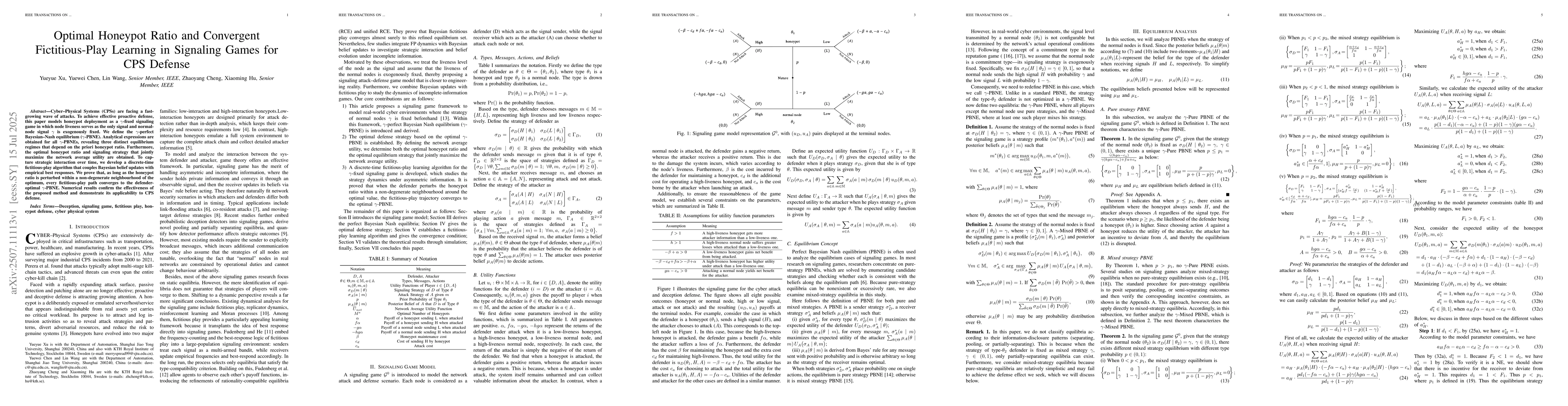 Thumbnail for Optimal Honeypot Ratio and Convergent Fictitious-Play Learning in
  Signaling Games for CPS Defense