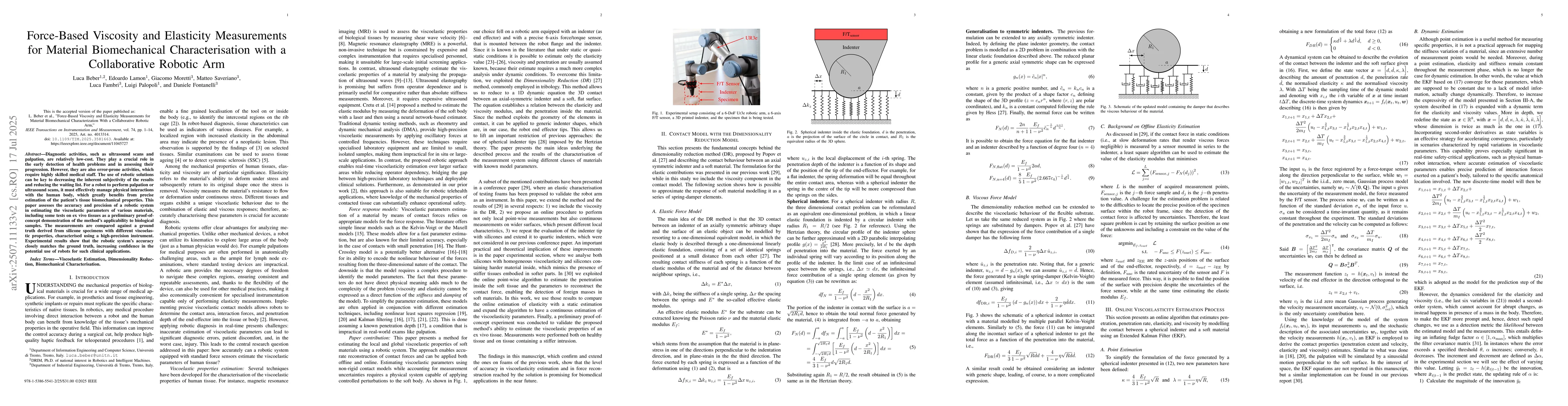 Thumbnail for Force-Based Viscosity and Elasticity Measurements for Material
  Biomechanical Characterisation with a Collaborative Robotic Arm
