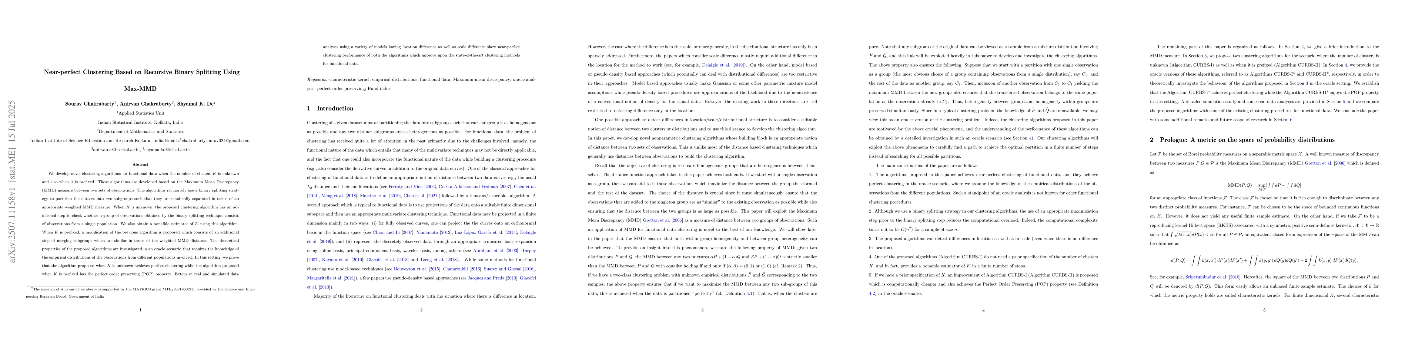 Thumbnail for Near-perfect Clustering Based on Recursive Binary Splitting Using
  Max-MMD