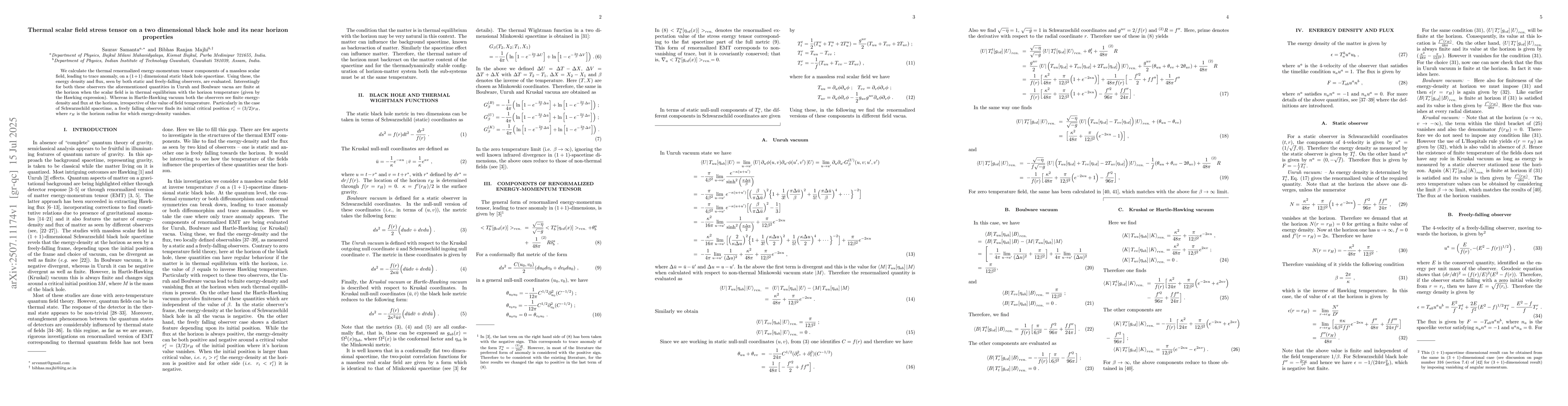 Thumbnail for Thermal scalar field stress tensor on a two dimensional black hole and
  its near horizon properties