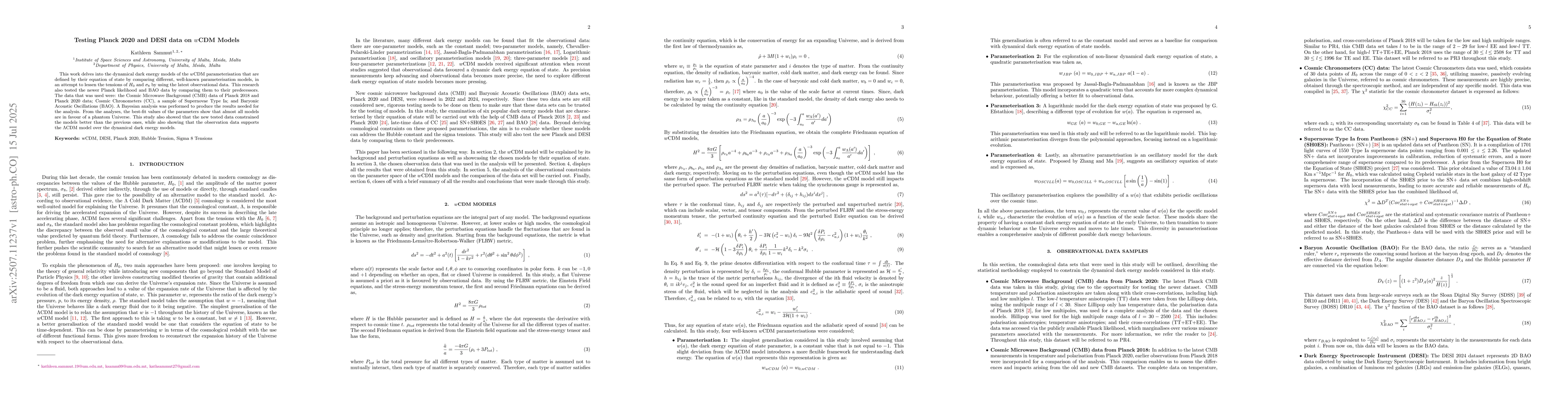Thumbnail for Testing Planck 2020 and DESI data on wCDM Models
