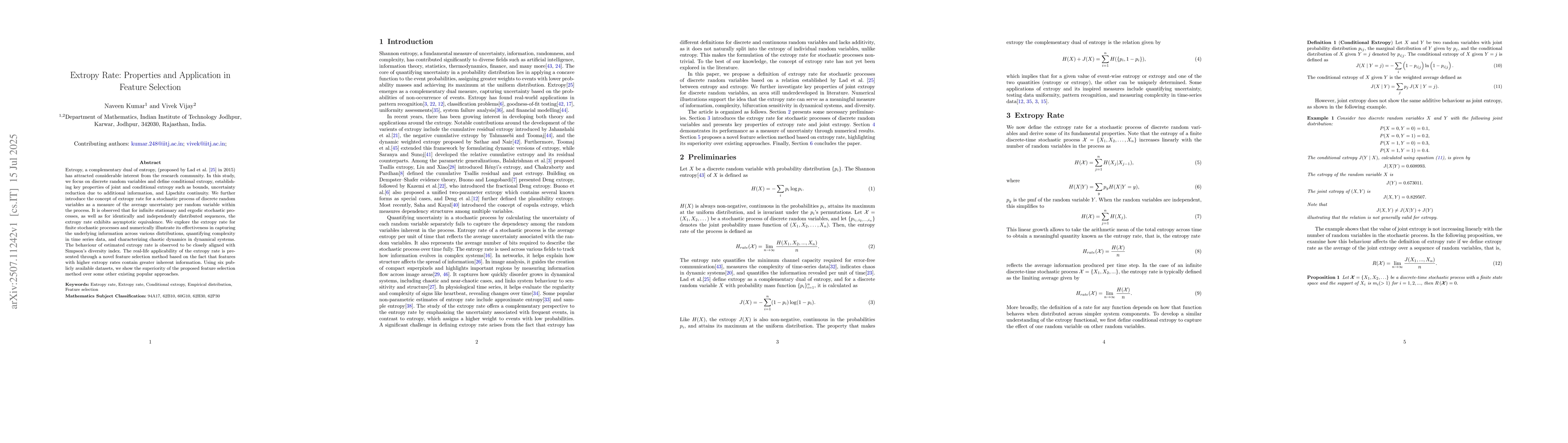 Thumbnail for Extropy Rate: Properties and Application in Feature Selection