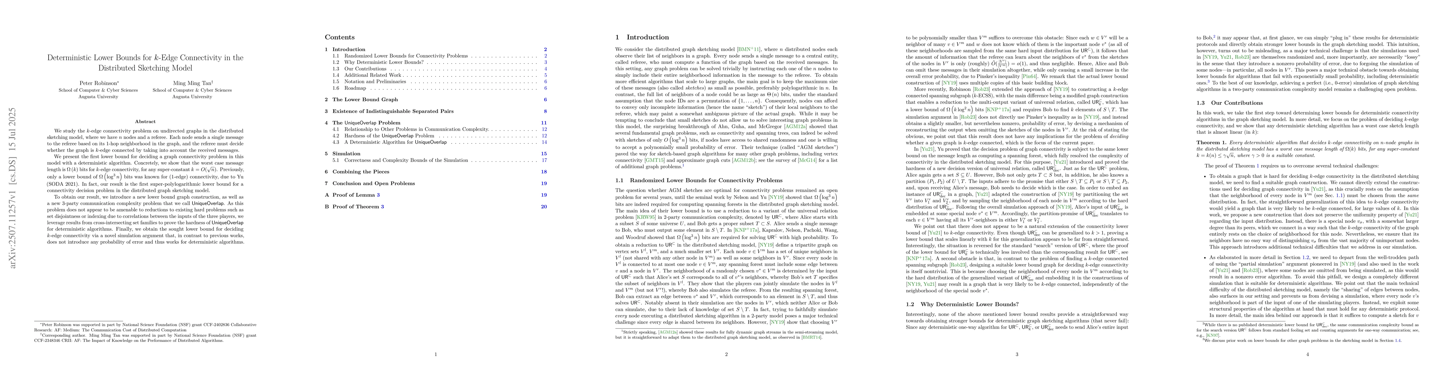 Thumbnail for Deterministic Lower Bounds for $k$-Edge Connectivity in the Distributed
  Sketching Model