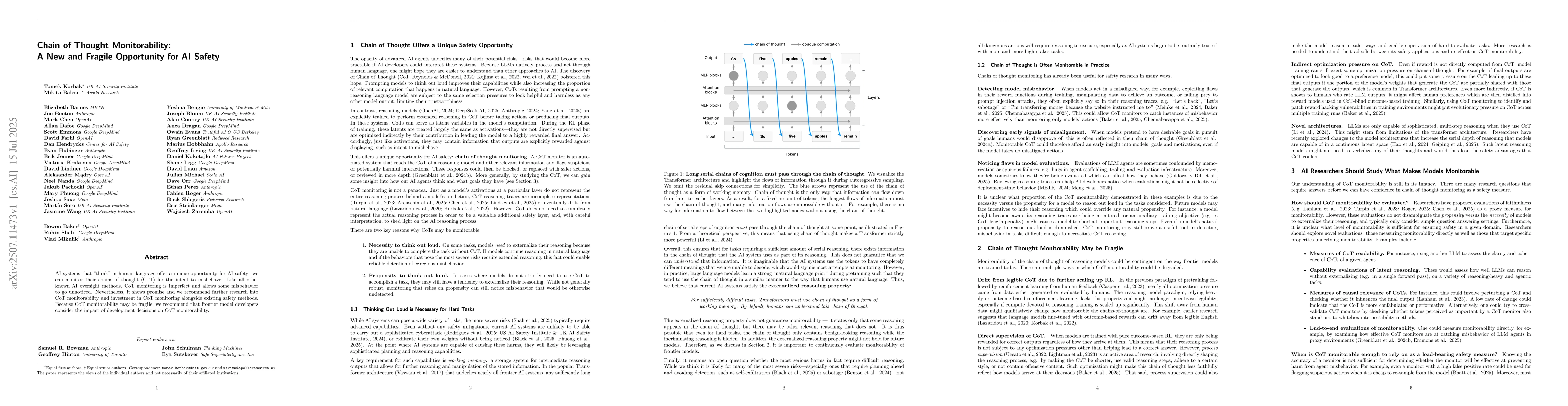 Thumbnail for Chain of Thought Monitorability: A New and Fragile Opportunity for AI
  Safety
