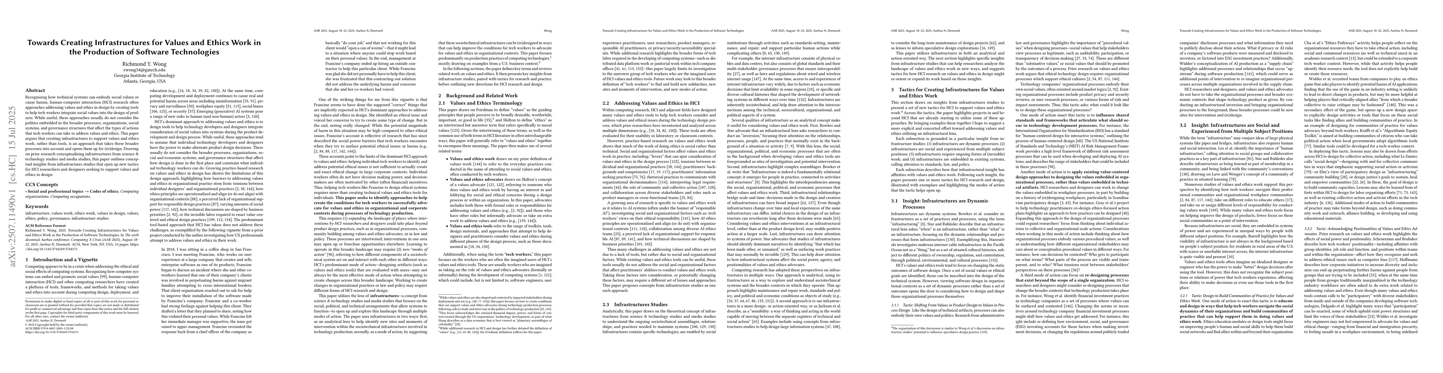 Thumbnail for Towards Creating Infrastructures for Values and Ethics Work in the
  Production of Software Technologies
