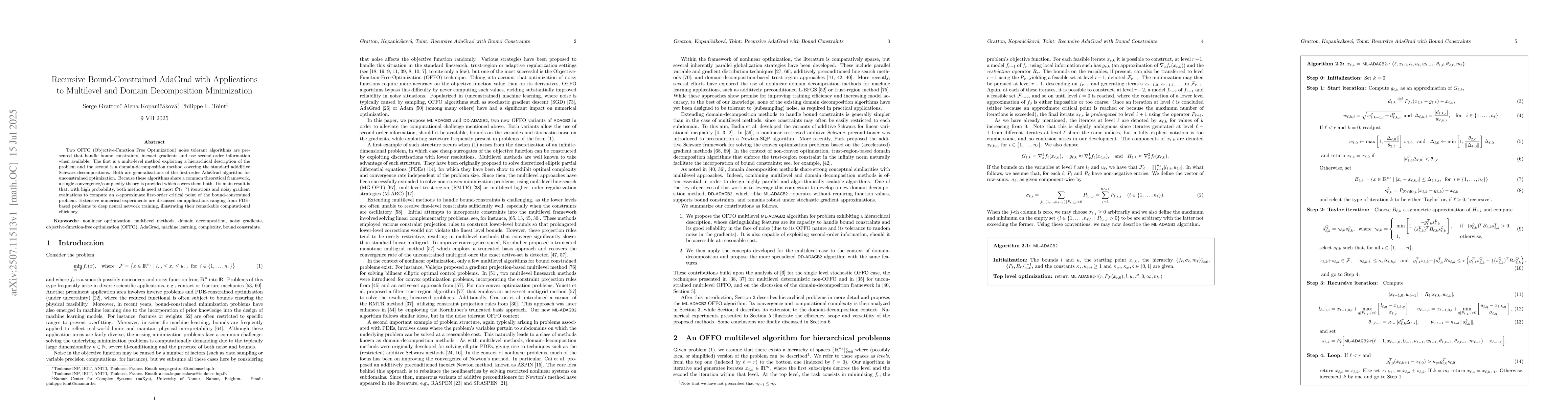 Thumbnail for Recursive Bound-Constrained AdaGrad with Applications to Multilevel and
  Domain Decomposition Minimization