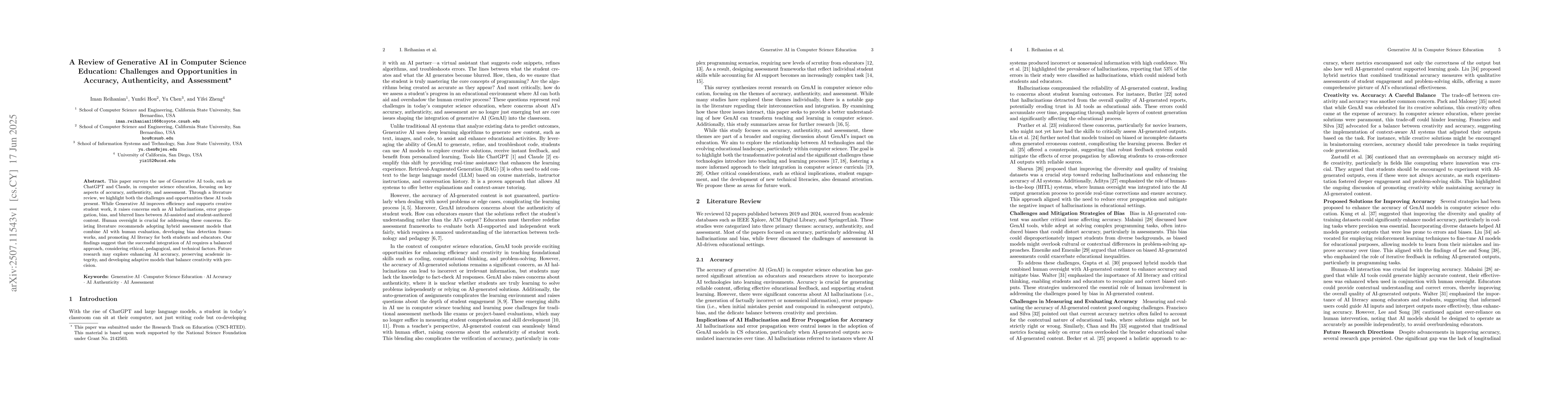 Thumbnail for A Review of Generative AI in Computer Science Education: Challenges and
  Opportunities in Accuracy, Authenticity, and Assessment