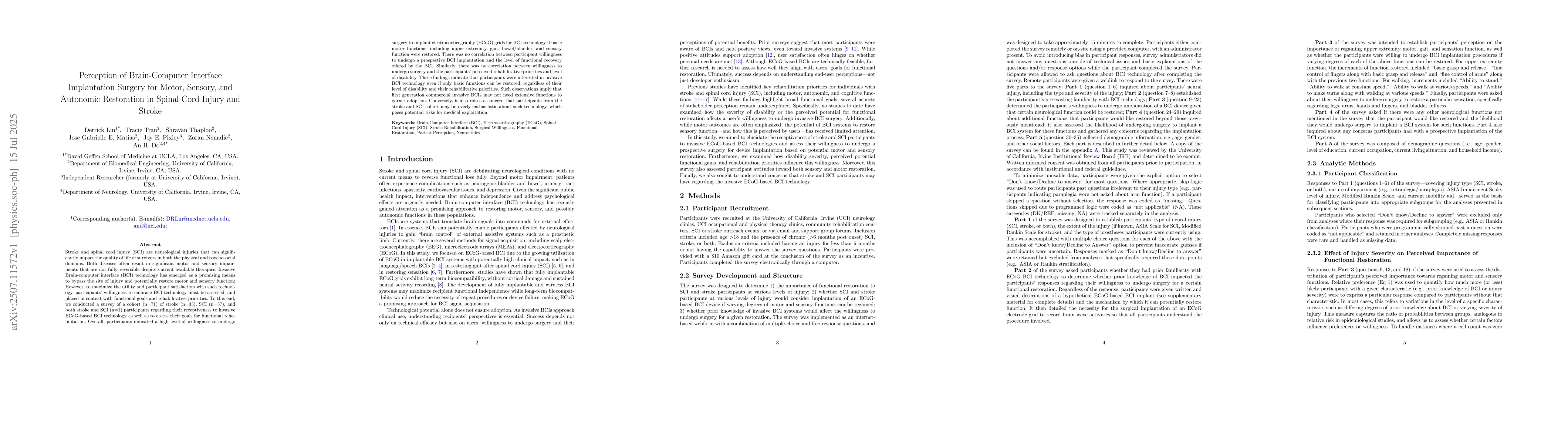 Thumbnail for Perception of Brain-Computer Interface Implantation Surgery for Motor,
  Sensory, and Autonomic Restoration in Spinal Cord Injury and Stroke