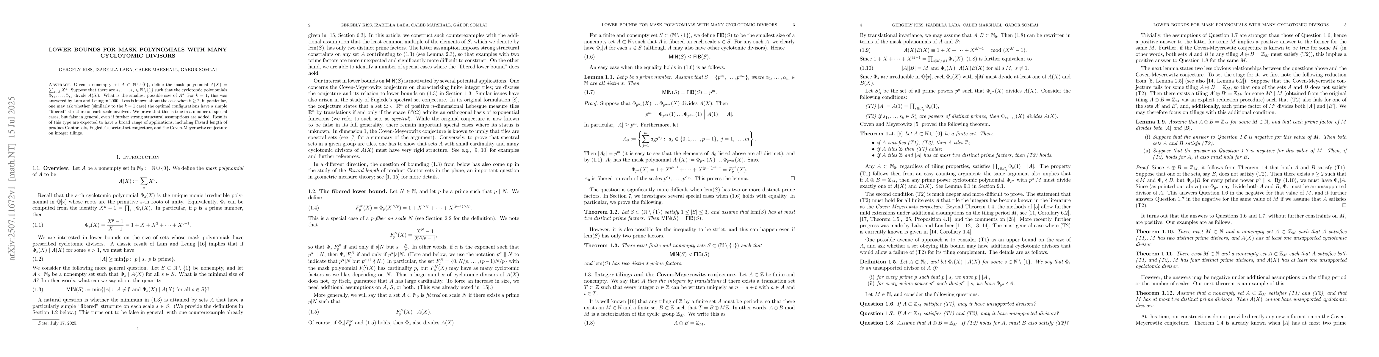 Thumbnail for Lower bounds for mask polynomials with many cyclotomic divisors
