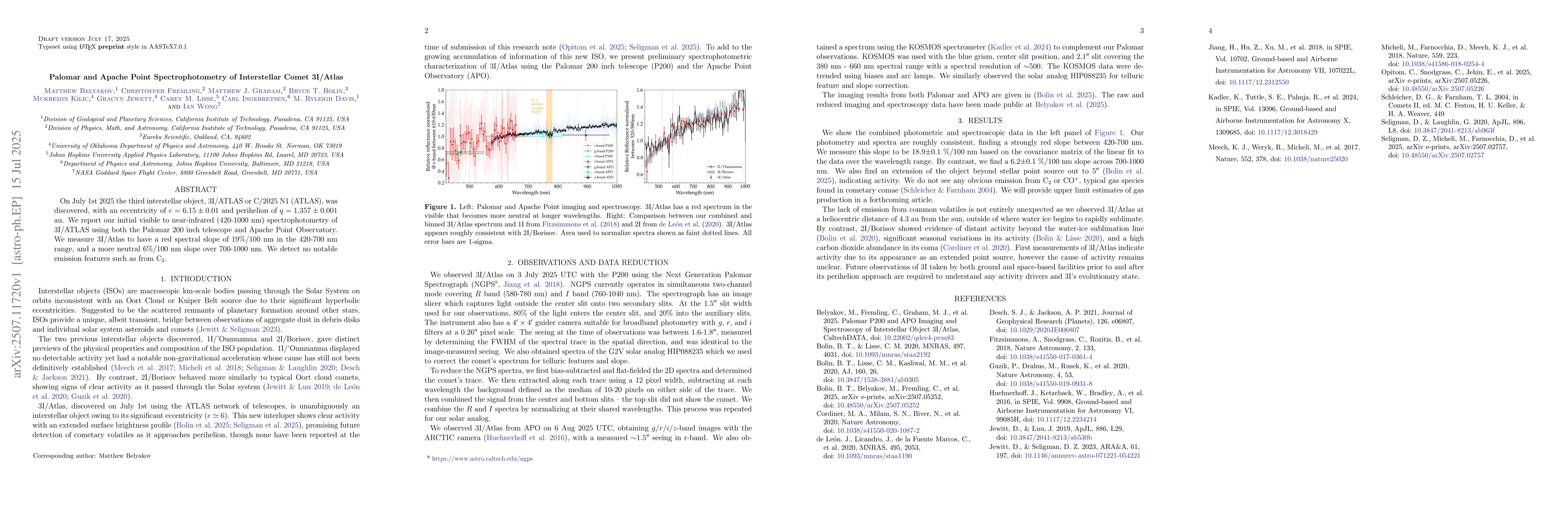 Thumbnail for Palomar and Apache Point Spectrophotometry of Interstellar Comet
  3I/ATLAS