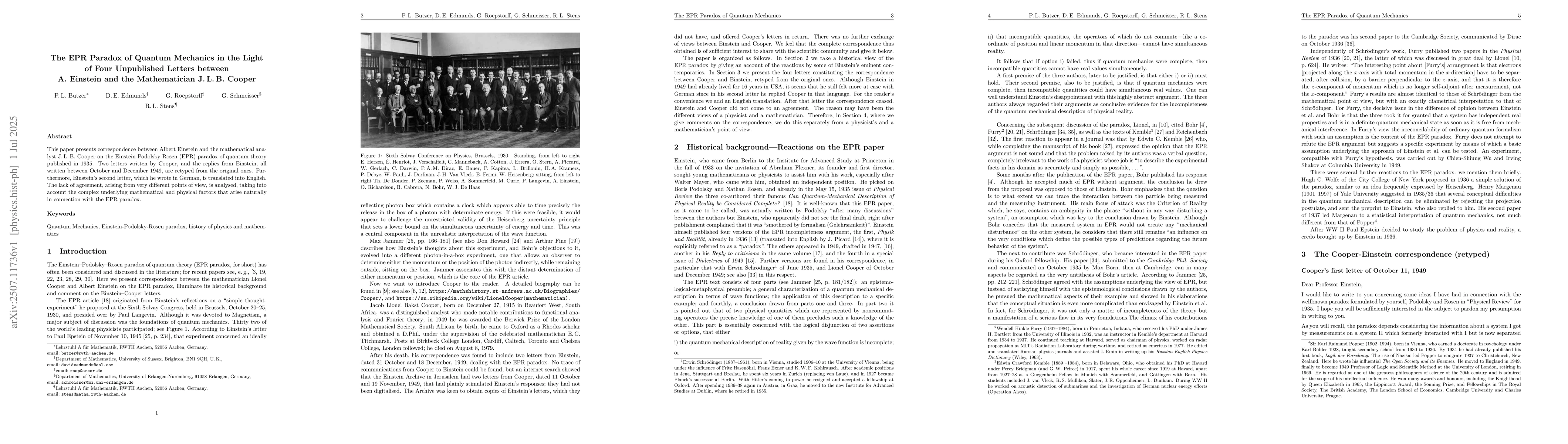Thumbnail for The EPR Paradox of Quantum Mechanics in the Light of Four Unpublished
  Letters between A. Einstein and the Mathematician J. L. B. Cooper