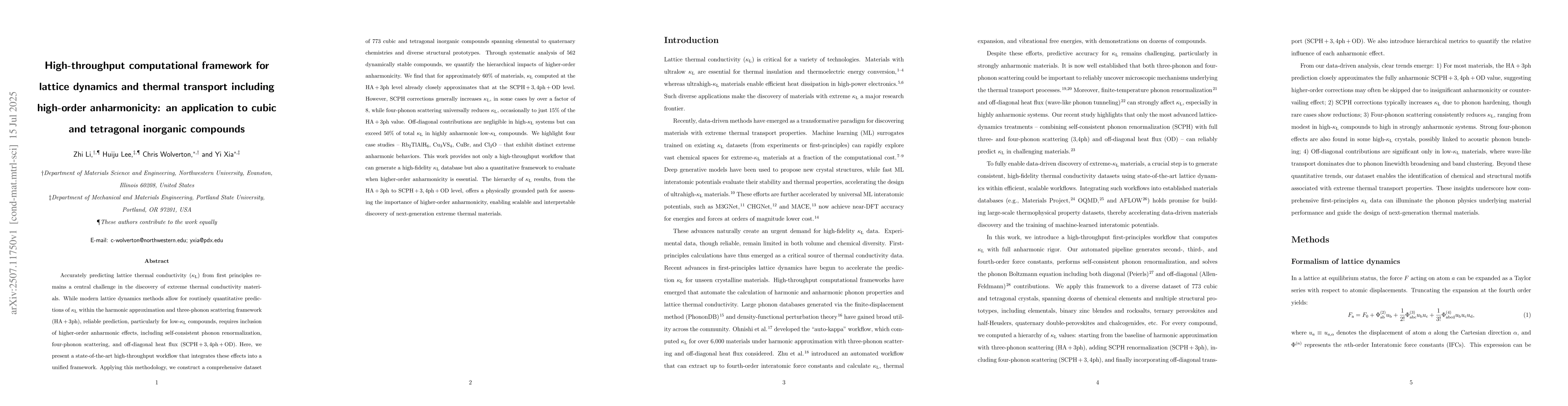 Thumbnail for High-throughput computational framework for lattice dynamics and thermal
  transport including high-order anharmonicity: an application to cubic and
  tetragonal inorganic compounds