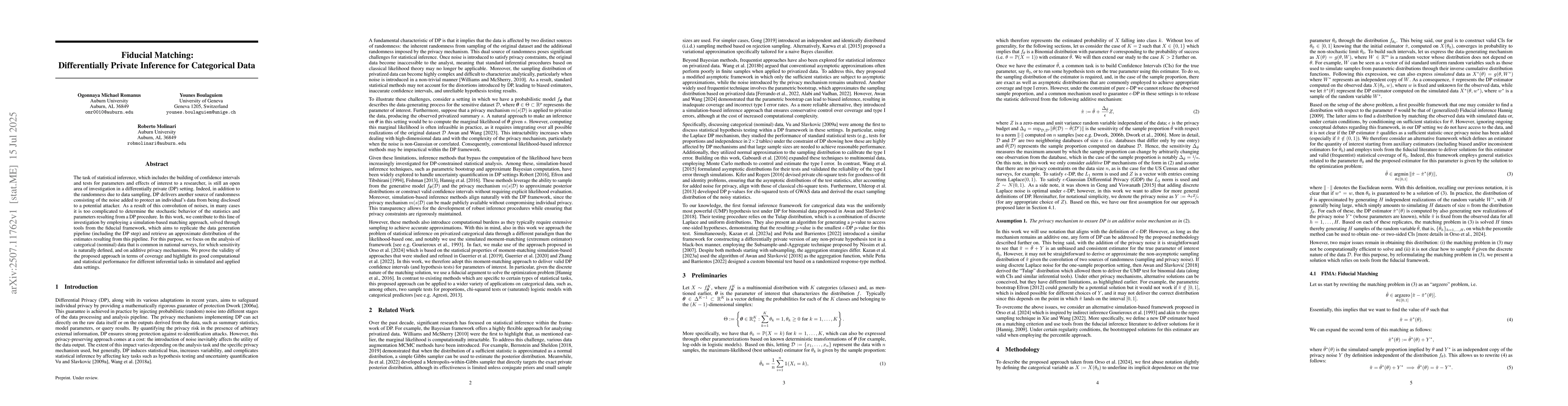 Thumbnail for Fiducial Matching: Differentially Private Inference for Categorical Data