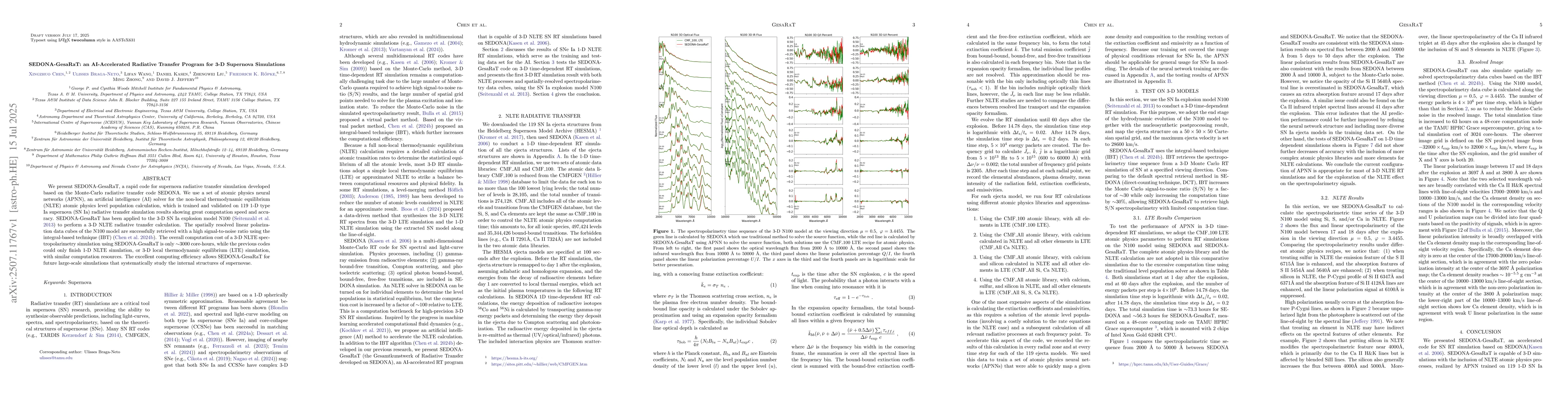 Thumbnail for SEDONA-GesaRaT: an AI-Accelerated Radiative Transfer Program for 3-D
  Supernova Simulations