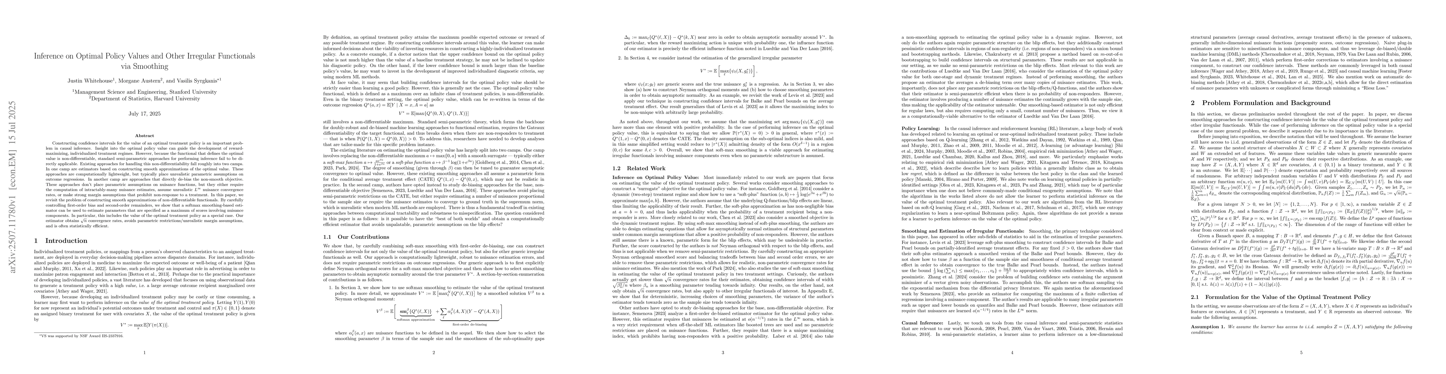 Thumbnail for Inference on Optimal Policy Values and Other Irregular Functionals via
  Smoothing