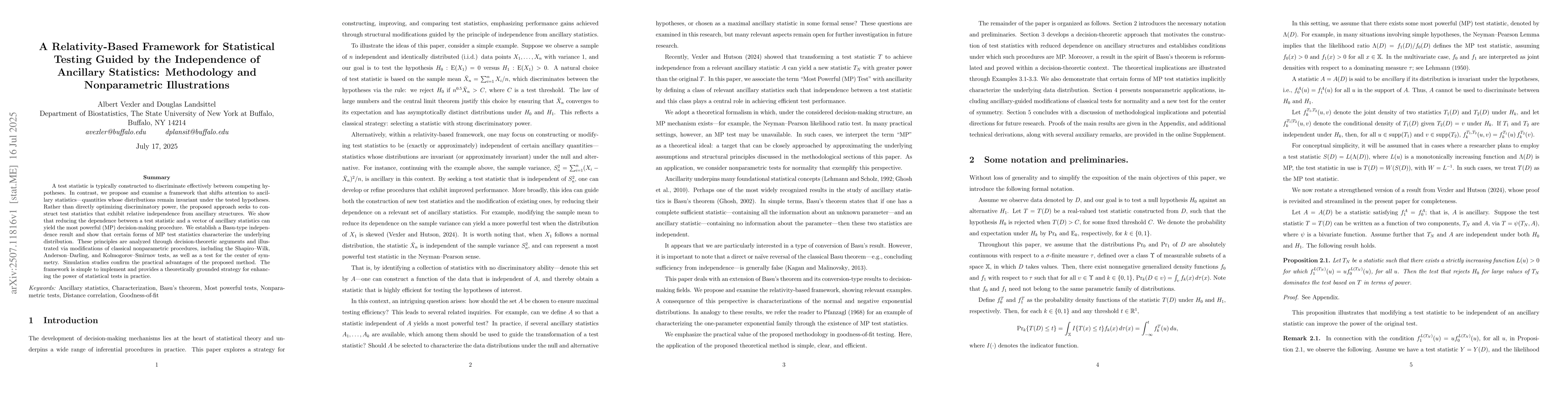 Thumbnail for A Relativity-Based Framework for Statistical Testing Guided by the
  Independence of Ancillary Statistics: Methodology and Nonparametric
  Illustrations