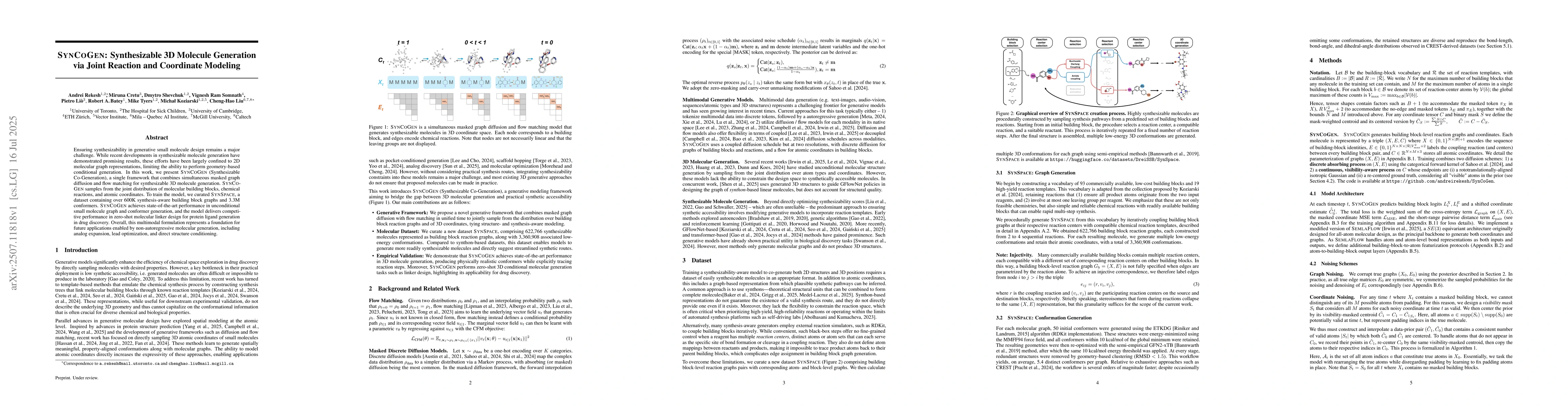 Thumbnail for SynCoGen: Synthesizable 3D Molecule Generation via Joint Reaction and
  Coordinate Modeling