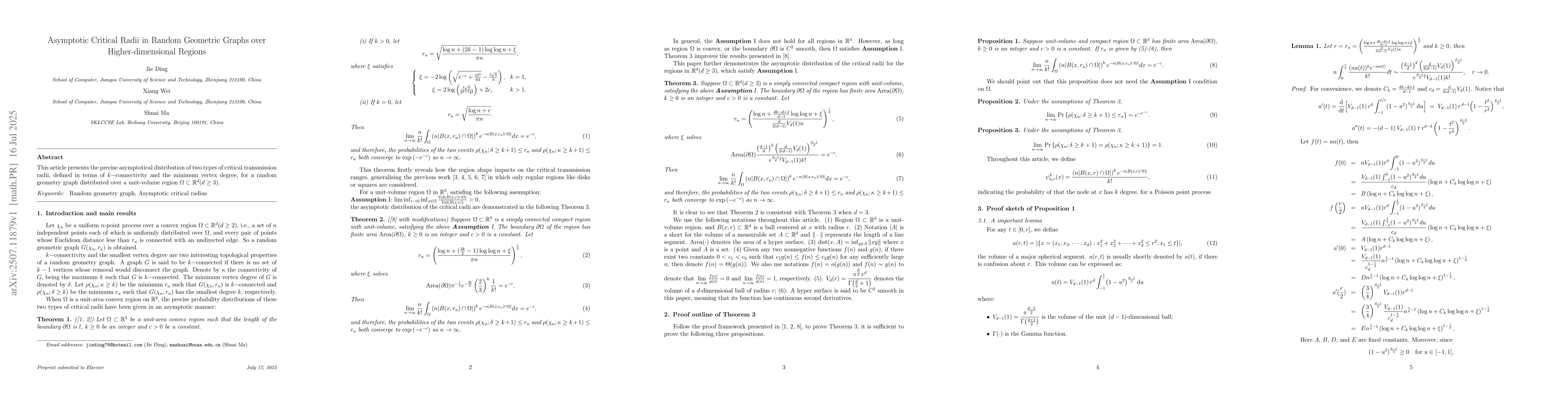 Thumbnail for Asymptotic Critical Radii in Random Geometric Graphs over
  Higher-dimensional Regions