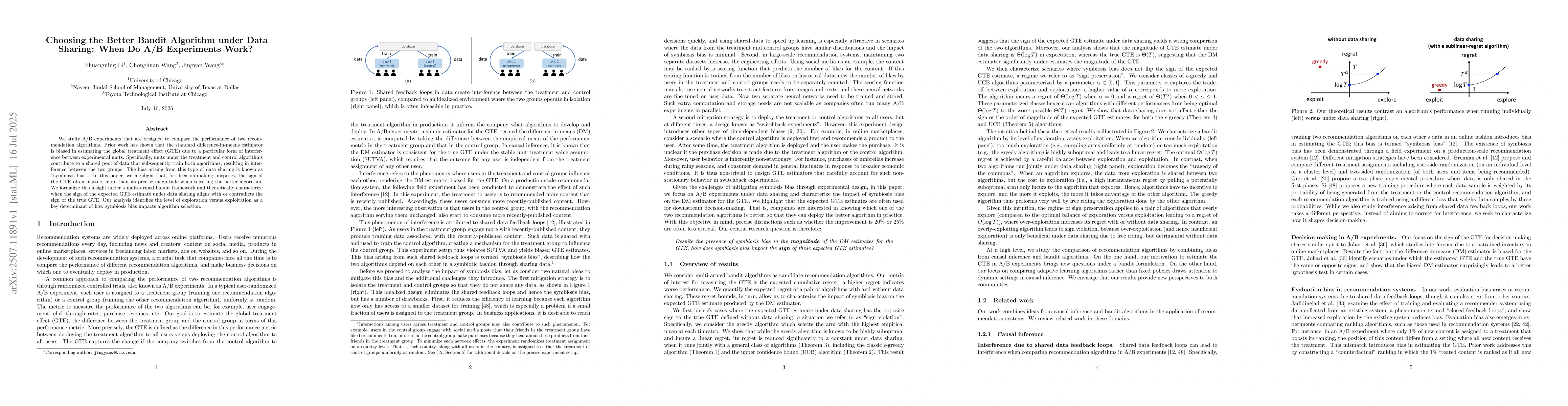 Thumbnail for Choosing the Better Bandit Algorithm under Data Sharing: When Do A/B
  Experiments Work?