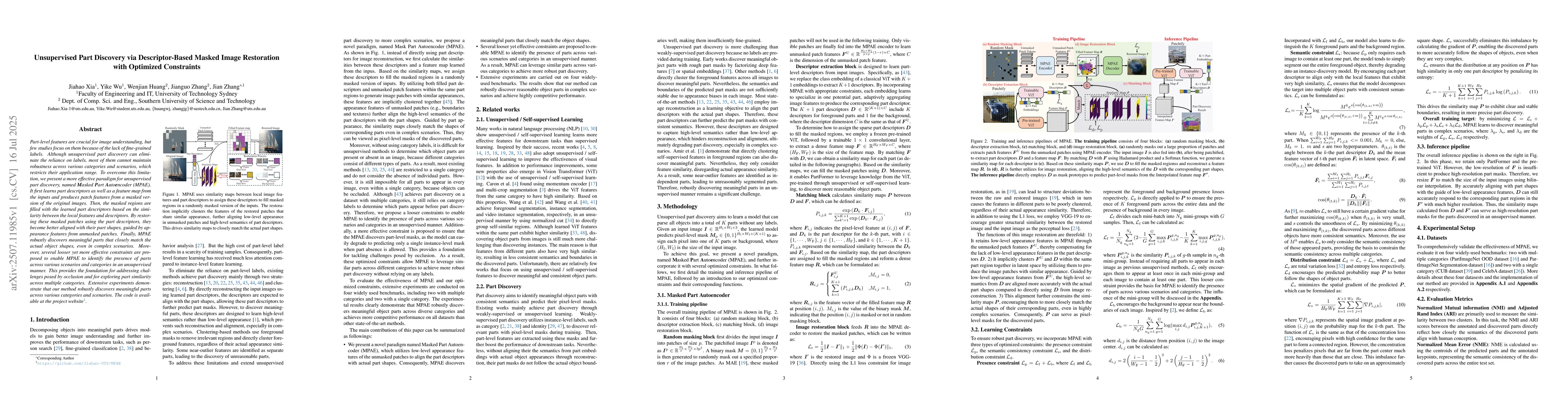 Thumbnail for Unsupervised Part Discovery via Descriptor-Based Masked Image
  Restoration with Optimized Constraints