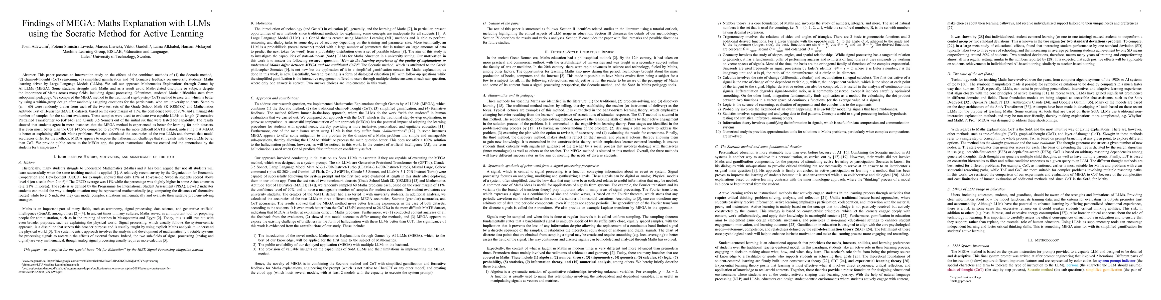 Thumbnail for Findings of MEGA: Maths Explanation with LLMs using the Socratic Method
  for Active Learning