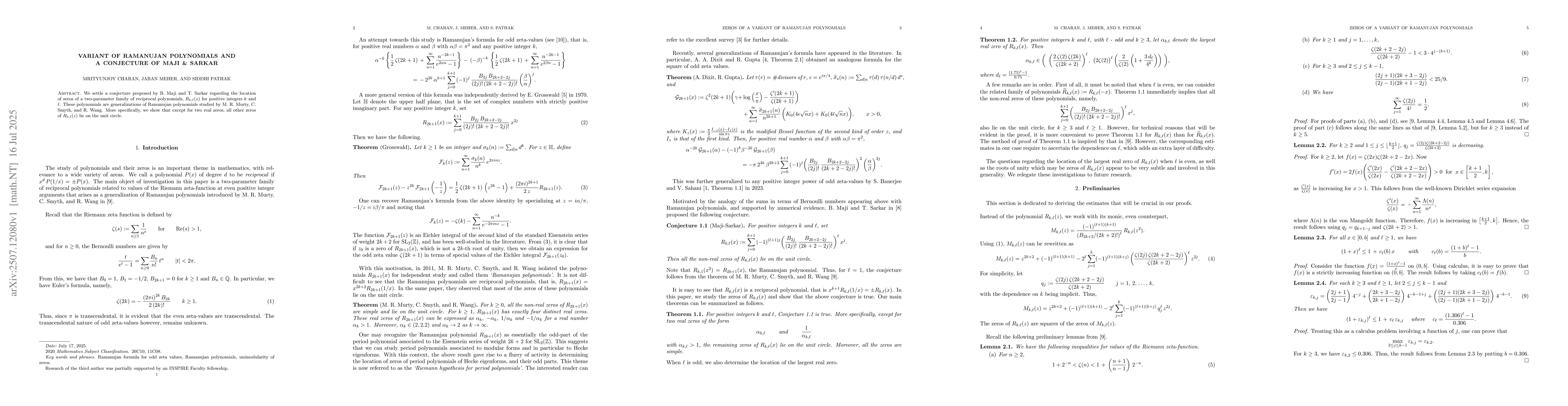 Thumbnail for Variant of Ramanujan polynomials and a conjecture of Maji & Sarkar