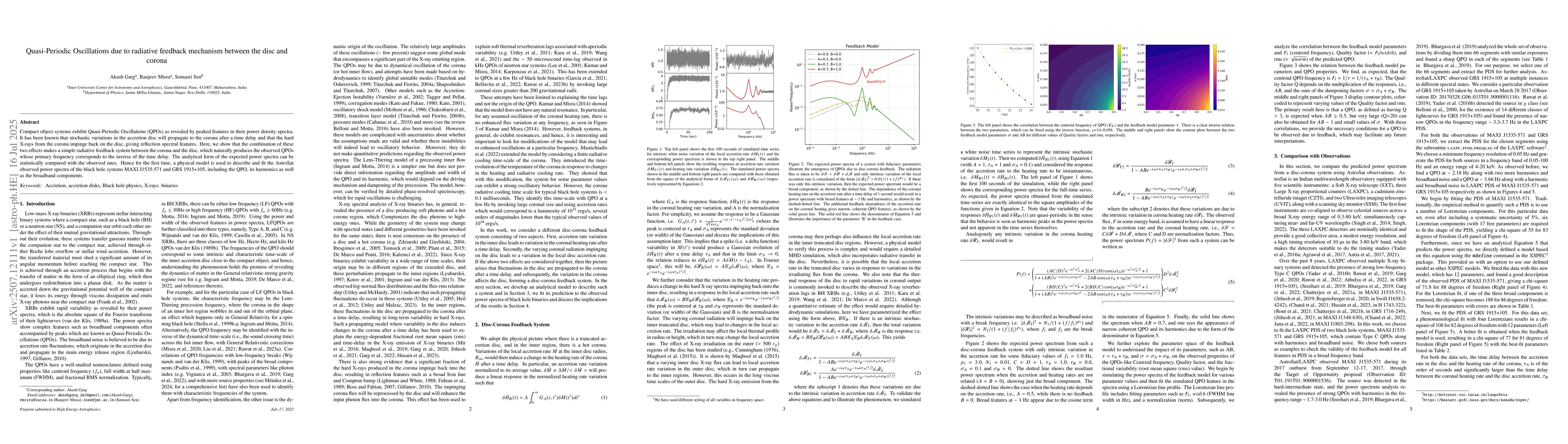 Thumbnail for Quasi-Periodic Oscillations due to radiative feedback mechanism between
  the disc and corona