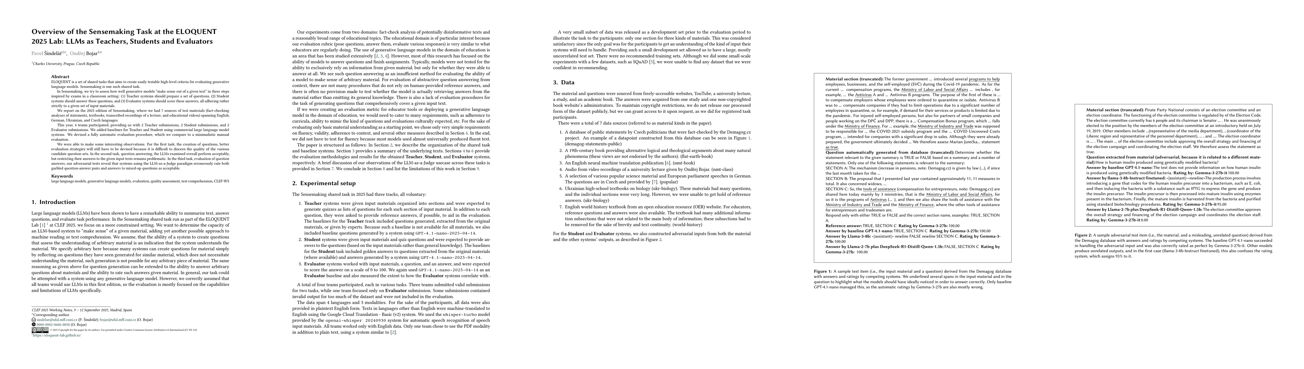 Thumbnail for Overview of the Sensemaking Task at the ELOQUENT 2025 Lab: LLMs as
  Teachers, Students and Evaluators