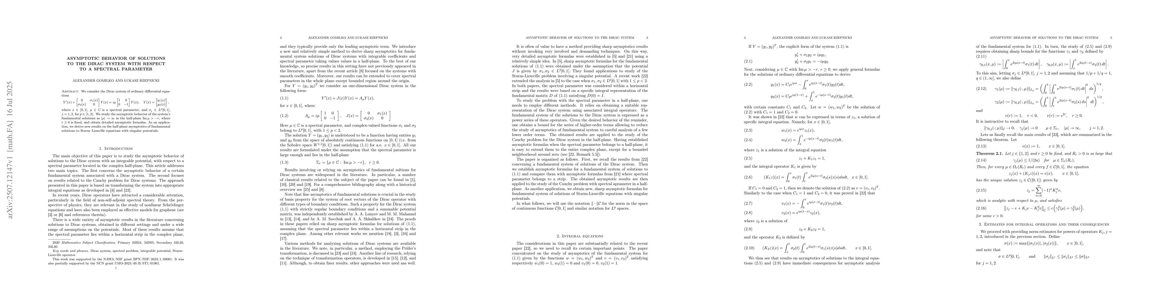 Thumbnail for Asymptotic behavior of solutions to the Dirac system with respect to a
  spectral parameter