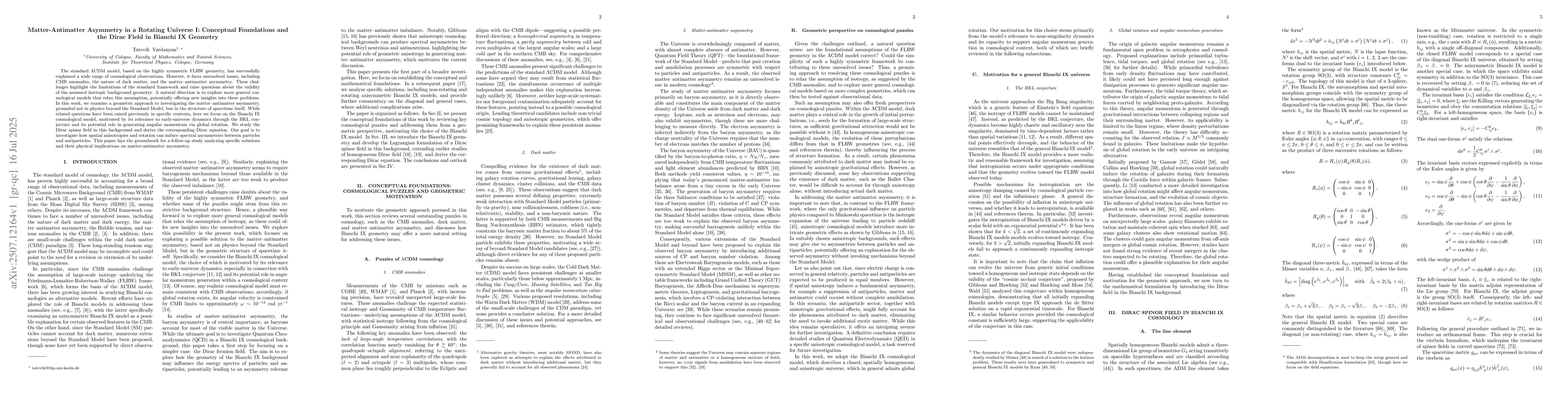 Thumbnail for Matter-Antimatter Asymmetry in a Rotating Universe I: Conceptual
  Foundations and the Dirac Field in Bianchi IX Geometry