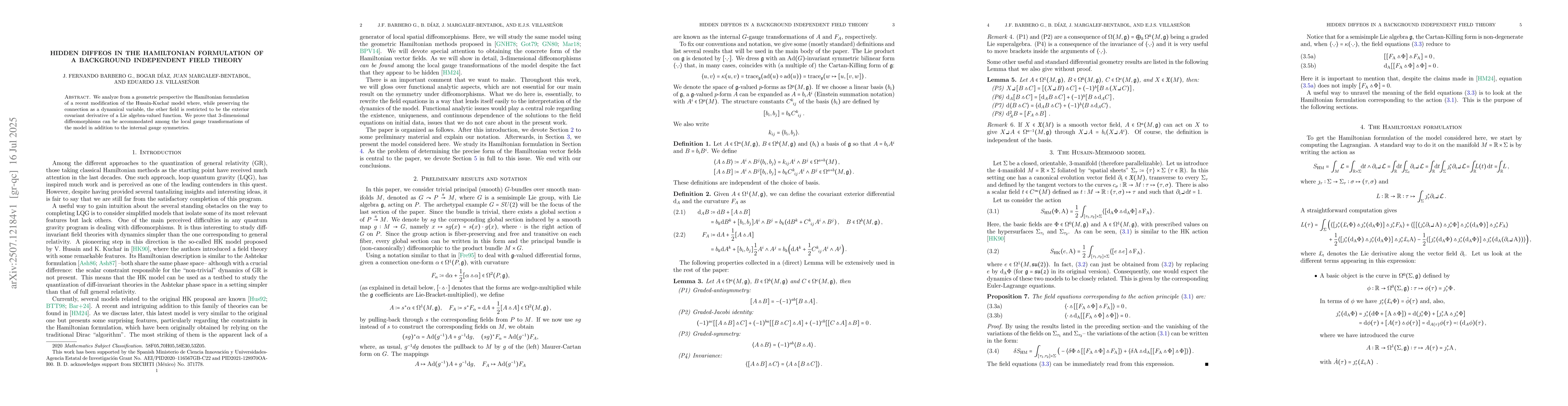 Thumbnail for Hidden diffeos in the Hamiltonian formulation of a background
  independent field theory