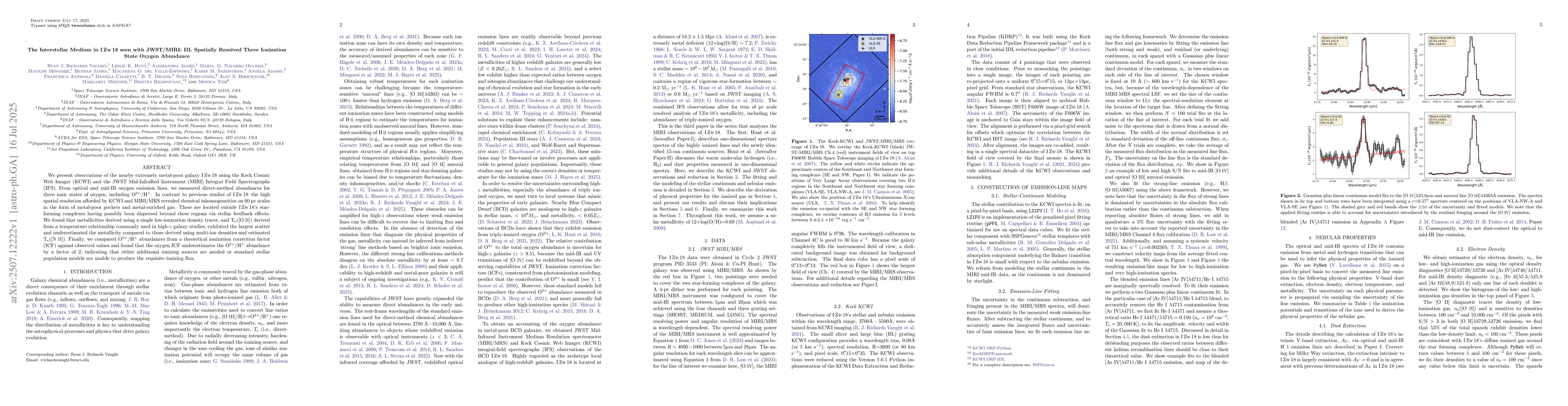 Thumbnail for The Interstellar Medium in I Zw 18 seen with JWST/MIRI: III. Spatially
  Resolved Three Ionization State Oxygen Abundance
