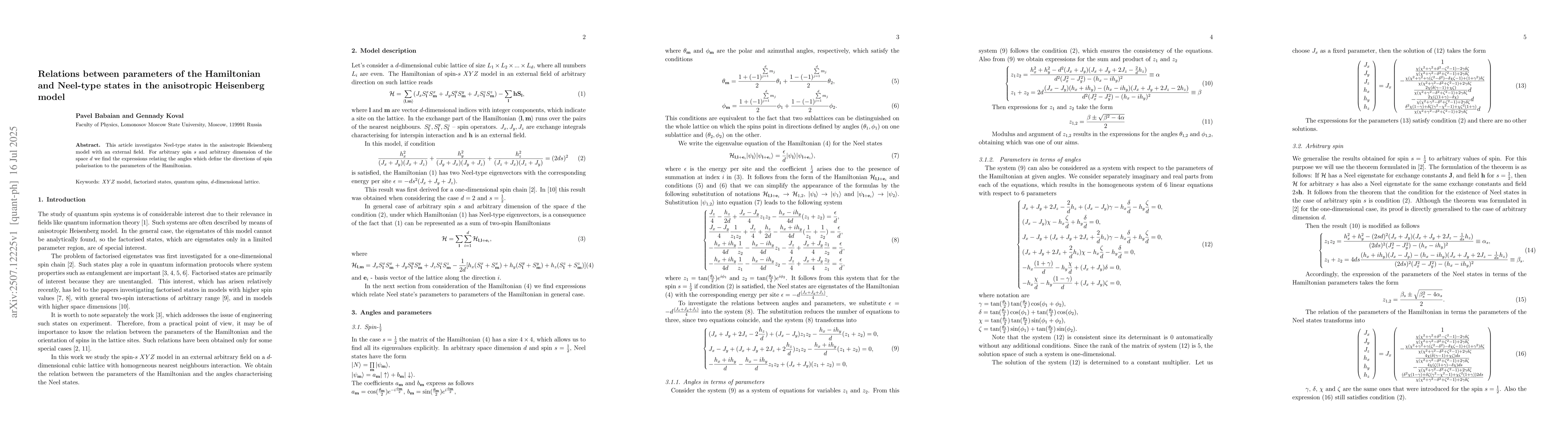 Thumbnail for Relations between parameters of the Hamiltonian and Neel-type states in
  the anisotropic Heisenberg model
