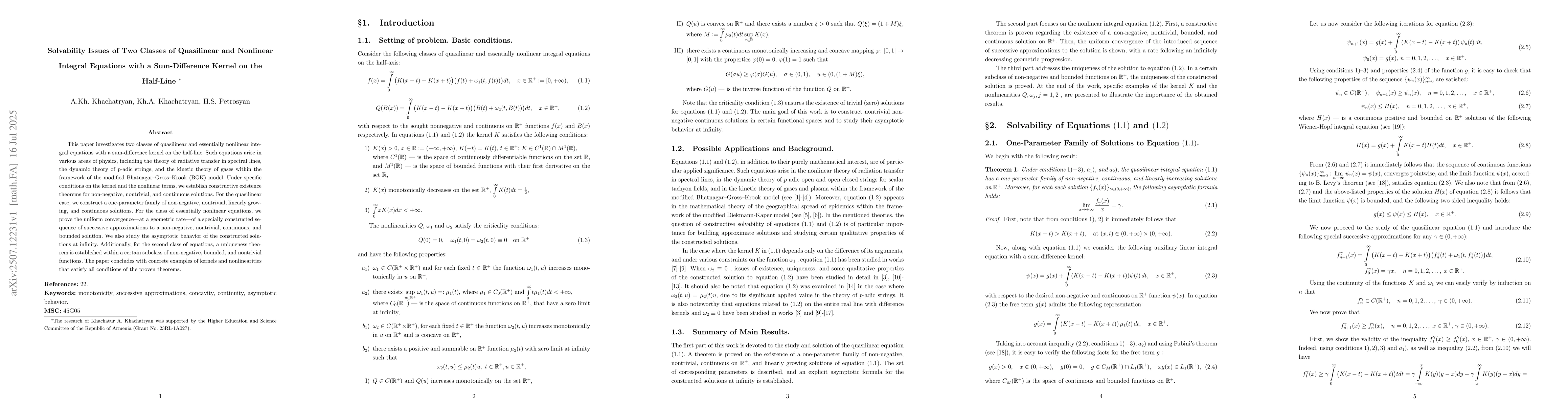 Thumbnail for Solvability Issues of Two Classes of Quasilinear and Nonlinear Integral
  Equations with a Sum-Difference Kernel on the Half-Line