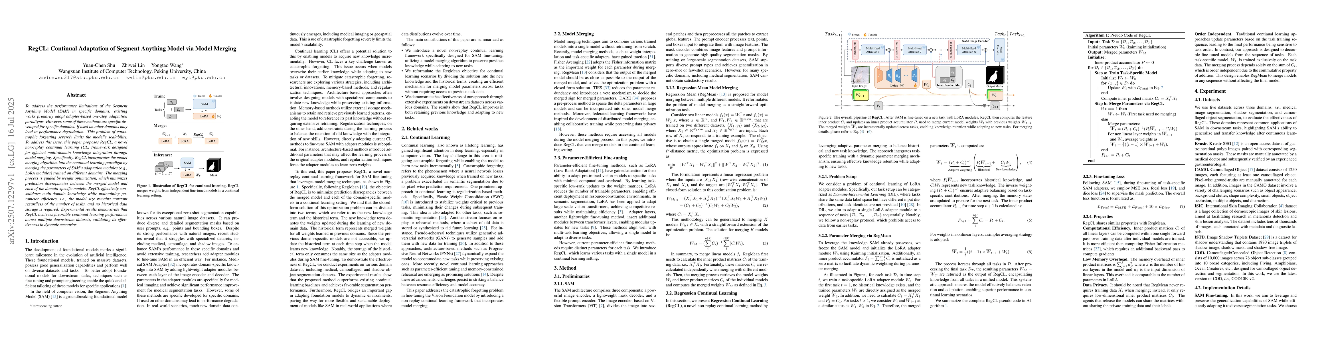 Thumbnail for RegCL: Continual Adaptation of Segment Anything Model via Model Merging
