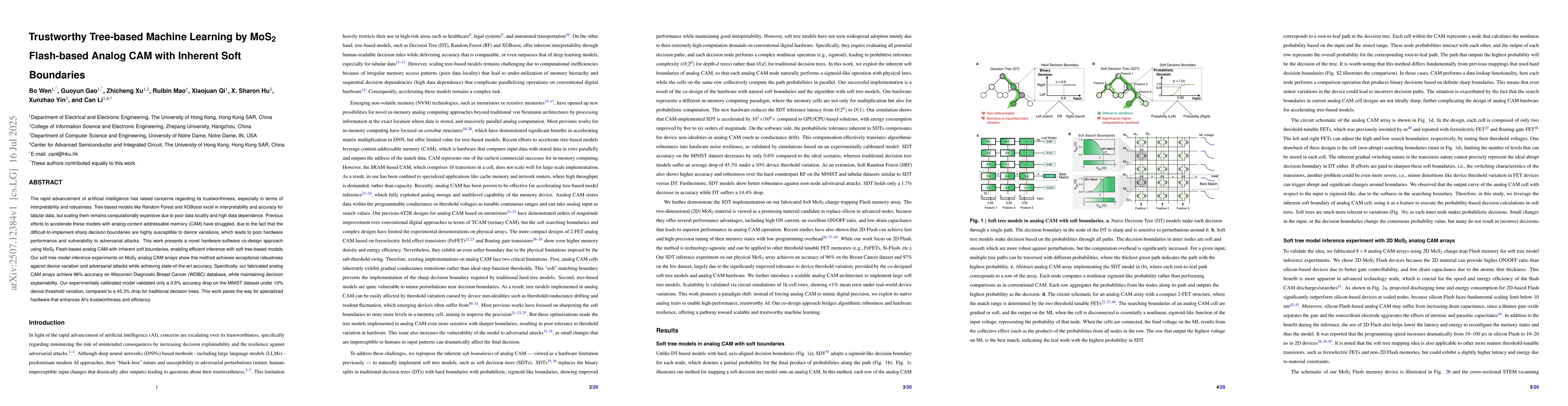 Thumbnail for Trustworthy Tree-based Machine Learning by $MoS_2$ Flash-based Analog
  CAM with Inherent Soft Boundaries