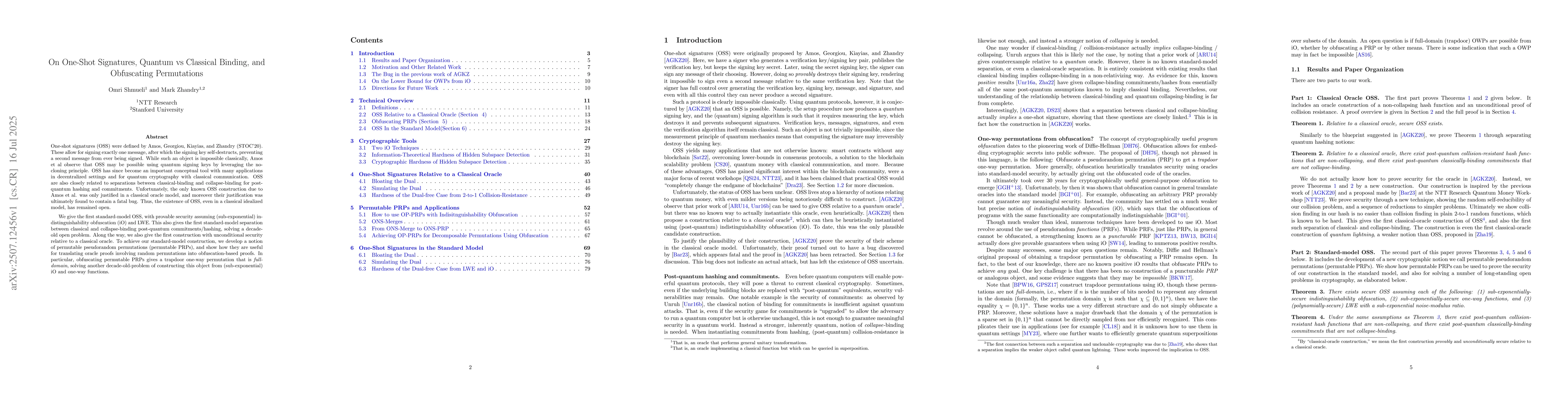 Thumbnail for On One-Shot Signatures, Quantum vs Classical Binding, and Obfuscating
  Permutations