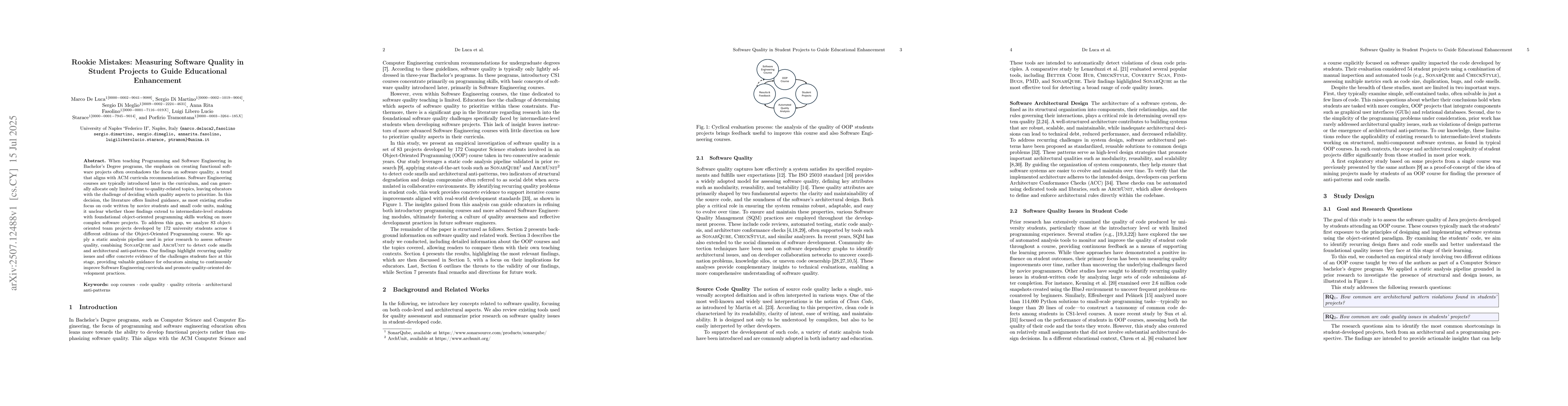 Thumbnail for Rookie Mistakes: Measuring Software Quality in Student Projects to Guide
  Educational Enhancement