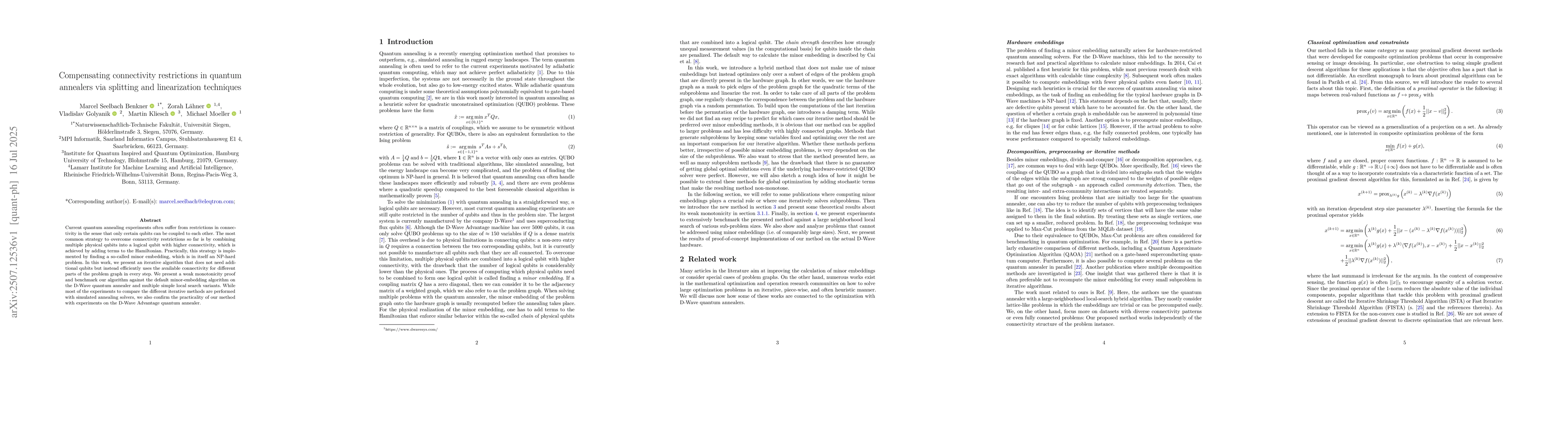 Thumbnail for Compensating connectivity restrictions in quantum annealers via
  splitting and linearization techniques