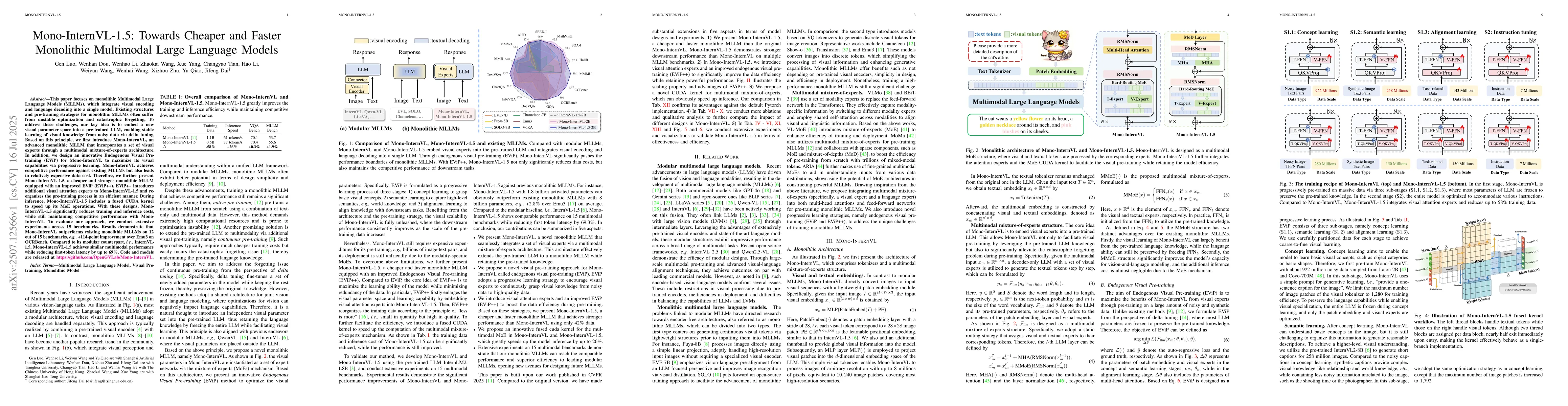 Thumbnail for Mono-InternVL-1.5: Towards Cheaper and Faster Monolithic Multimodal
  Large Language Models